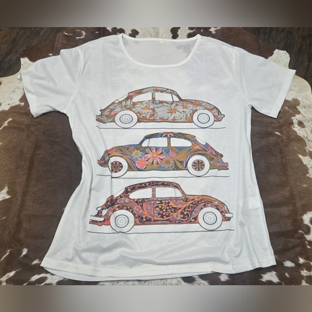 White T-Shirt with Floral Car Design